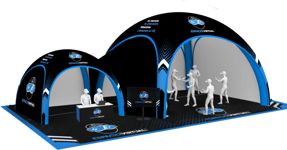 Montaje de Espacio Virtual: carpa Hero Zone y mesa de operadores